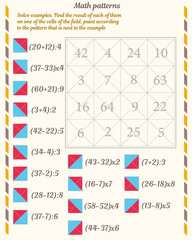  Mathematical patterns. Worksheet. Solve examples. Find the result of each of them on one of the cells of the field, paint according to the pattern that is next to the example