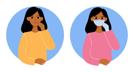 protecting yourself from the flu. wear masks, cover your mouth. vector in cartoon style.