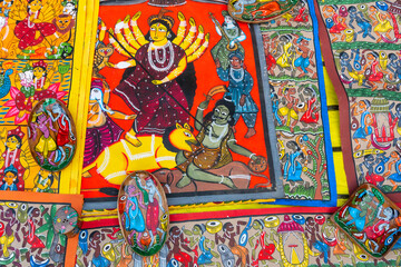 Colorful Pattachitra or Patachitra - traditional, cloth-based scroll painting of Hindu Goddess...