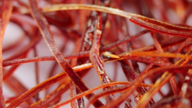 Macro view of dried saffron red stigma threads