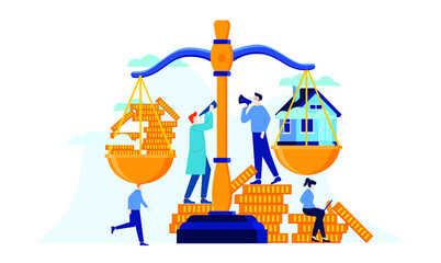 save money to to balance the scale until it is as heavy as a house investment for better future illustration design