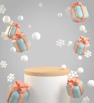 Mockup Stage Festive Gift box With Snow And Snowflake Falling Abstract Background 3d Render