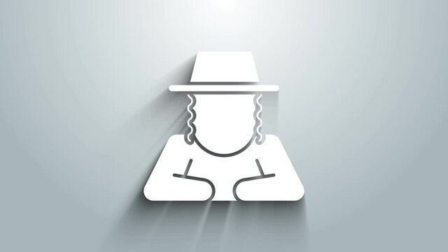 White Orthodox jewish hat with sidelocks icon isolated on grey background. Jewish men in the traditional clothing. Judaism symbols. 4K Video motion graphic animation