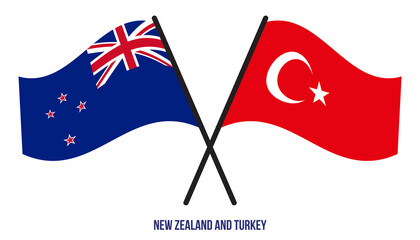 New Zealand and Turkey Flags Crossed And Waving Flat Style. Official Proportion. Correct Colors.