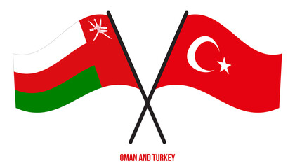 Oman and Turkey Flags Crossed And Waving Flat Style. Official Proportion. Correct Colors.