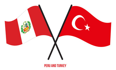 Peru and Turkey Flags Crossed And Waving Flat Style. Official Proportion. Correct Colors.