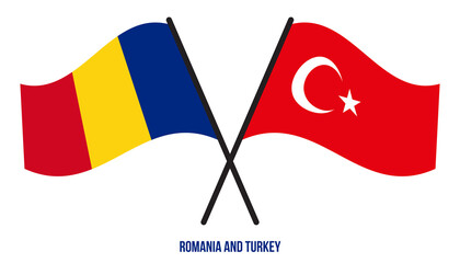 Romania and Turkey Flags Crossed And Waving Flat Style. Official Proportion. Correct Colors.