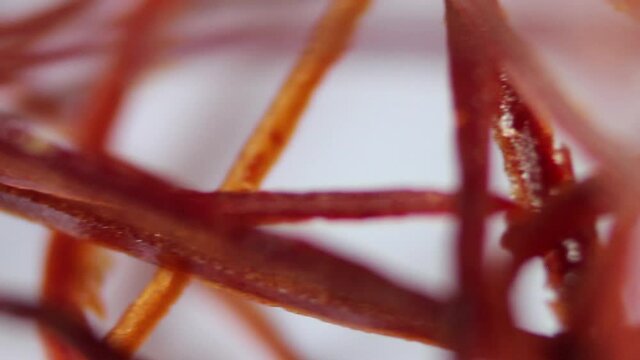 Macro view of dried saffron red stigma threads