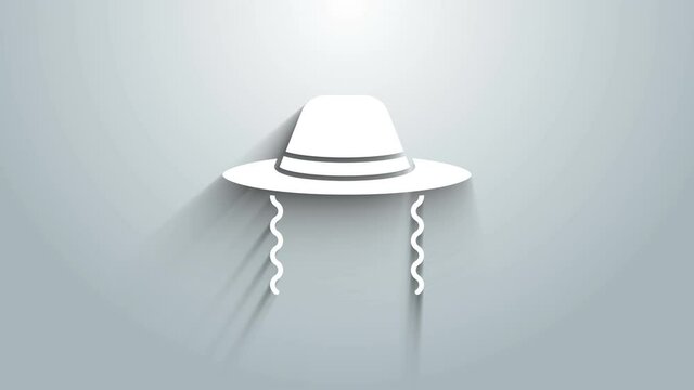 White Orthodox jewish hat with sidelocks icon isolated on grey background. Jewish men in the traditional clothing. Judaism symbols. 4K Video motion graphic animation