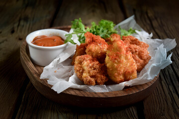 Cheese crispy nuggets, hot sauce