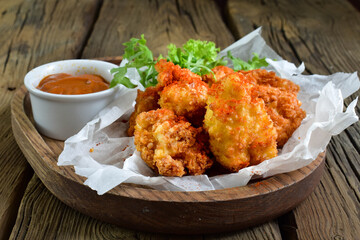 Cheese crispy nuggets, hot sauce