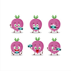 Naklejka premium Photographer profession emoticon with garlic cartoon character