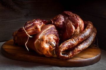Smoked pork products, sausage, bacon, shank
