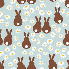 Seamless pattern with rabbits and daisy flower on pastel blue background vector illustration.