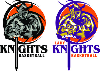 knights basketball team design with mascot inside ball for school, college or league