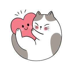 Hand draw cartoon cute Valentine day, Cat hugging big heart vector.