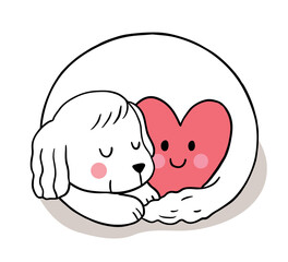 Hand draw cartoon cute Valentine day, Dog sleepy and heart vector.