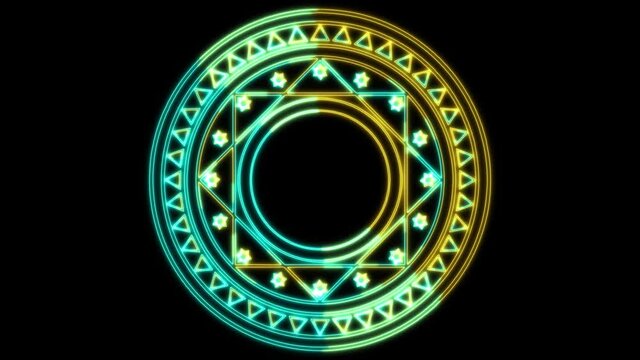 hexagon power yellow and blue energy around and abstract powerful ray magic circle rotate in the end