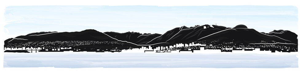 Obraz na płótnie Canvas North shore mountains in Vancouver British Columbia, Canada. Panorama illustration with view from East Vancouver, overseeing North Vancouver, West Vancouver and local mountains. Touristic guide.