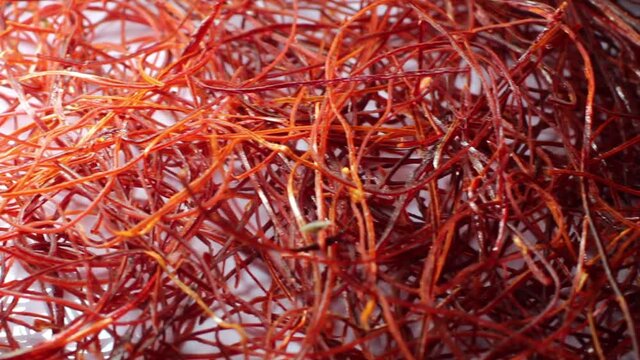 Macro view of dried saffron red stigma threads