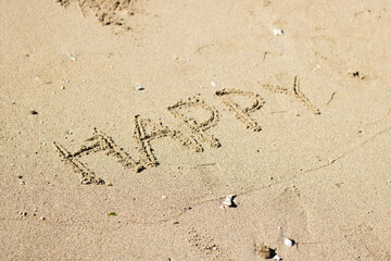 砂浜に書かれたHAPPYの文字