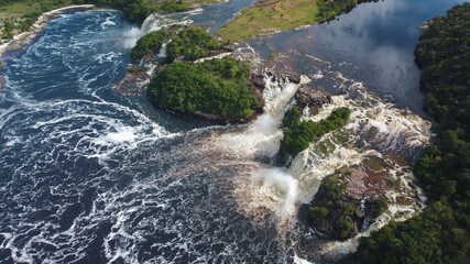 Aerial photography of Salto Golondrina, Salto Ucaima and Salto Hacha, waterfalls located in Canaima, Venezuela