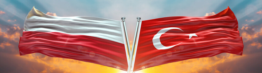 Double Flag Turkey vs Poland flag waving flag with texture sky clouds and sunset background