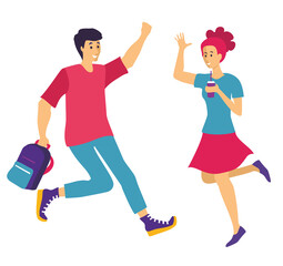 Young joyful laughing people jumping with raised hands isolated on white background. Happy positive young man and woman rejoicing together. Colored vector illustration in flat cartoon style.