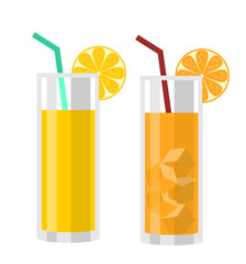 Natural fresh orange juice in a glass. Drink with orange. Orange slice, tube for drinking. Citrus fruit. Vector illustration flat design. Isolated on white background. Taking vitamins.