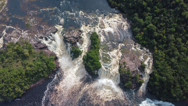 Aerial photography of Salto Golondrina and Salto Ucaima, waterfalls located in Canaima, Venezuela