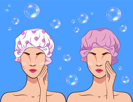 Shower Cap Lady, Bath & Beauty Supply Shower Girl, Editable Vector Illustration, Bubble Bath Woman, Female Bath Essentials 