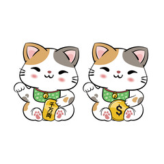 Fortune or lucky cat, beckoning cat, maneki neko. Waving right paw. Holding gold coin with kanji writing, translation: sen man ryo (10 million gold pieces), dollar currency symbol. Kawaii style.  © yemmy511