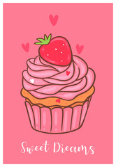 Valentine s day card with strawberry cupcake. Vector graphics.