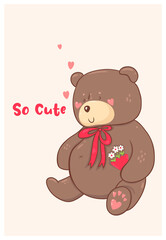 Valentine's day card with toy bear. Vector graphics.