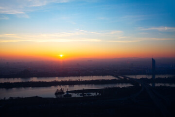 Panoramic view over Vienna city and Danube River in the Twilight 
