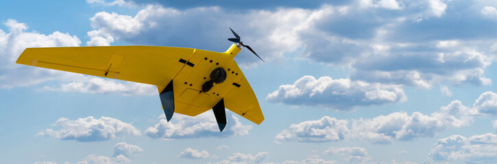 Yellow mapping drone with a camera flies in the blue sky	

