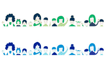 一列に並ぶ4組のママと子供達