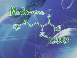 Chemical molecular formula of the amino acid methionine d . Infographics. Abstract bright glitter blue background.