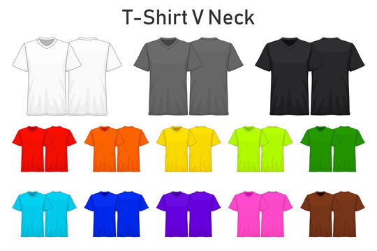 T-Shirt v neck color collection set for your design , mockup advertising , blank for printing , vector illustration , white black grey red orange yellow green blue purple pink brown color