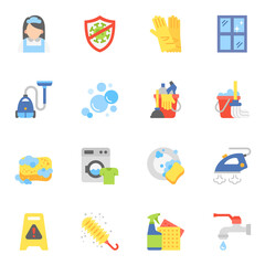 Cleaning flat icons set 1. Laundry and Vacuum cleaner. Washing machine.