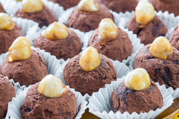 Homemade chocolate truffles. Selective focus. Chocolate bonbons with chopped hazelnuts, cream, dark chocolate and a whole hazelnut