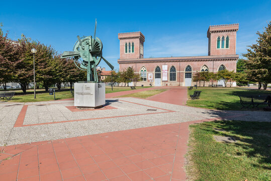 Busto Arsizio city. Facade of a museum in north Italy. Museum of Textiles and Industry specialises in spinning and weaving, represent Busto Arsizio industrial history