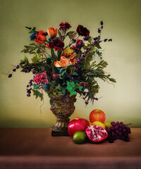 Still life of fruits and flowers