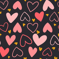 Valentine's Day seamless pattern. Flat hand drawn love elements on a dark isolated background.
