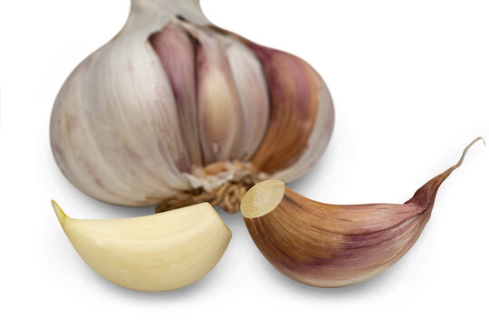 Fresh raw uncooked markor garlic bulb together with garlic clove dropped shadow isolated white background 