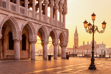 Morning light over San Giorgio Maggiore island seen from St Mark's Square in Venice, Italy