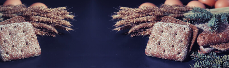 Bakery and grocery concept. Fresh, healthy sorts of rye and white loaves food closeup. Fresh homemade bread with cereals.