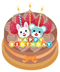 熊とウサギと苺ののったチョコレートのお誕生日ケーキ