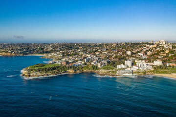 Fototapeta na wymiar Aerial drone view of Mackenzies Point and iconic Bondi Beach in Sydney, Australia during summer on a sunny morning 