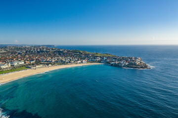 Aerial drone view of iconic Bondi Beach in Sydney, Australia during summer on a sunny morning 